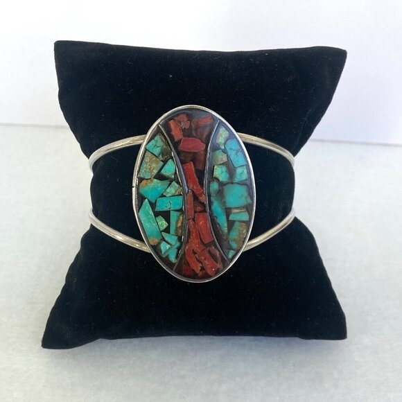 VTG Sterling Silver 925 Southwest Oval Crushed Turquoise Coral Cuff Bracelet - Picture 3 of 16